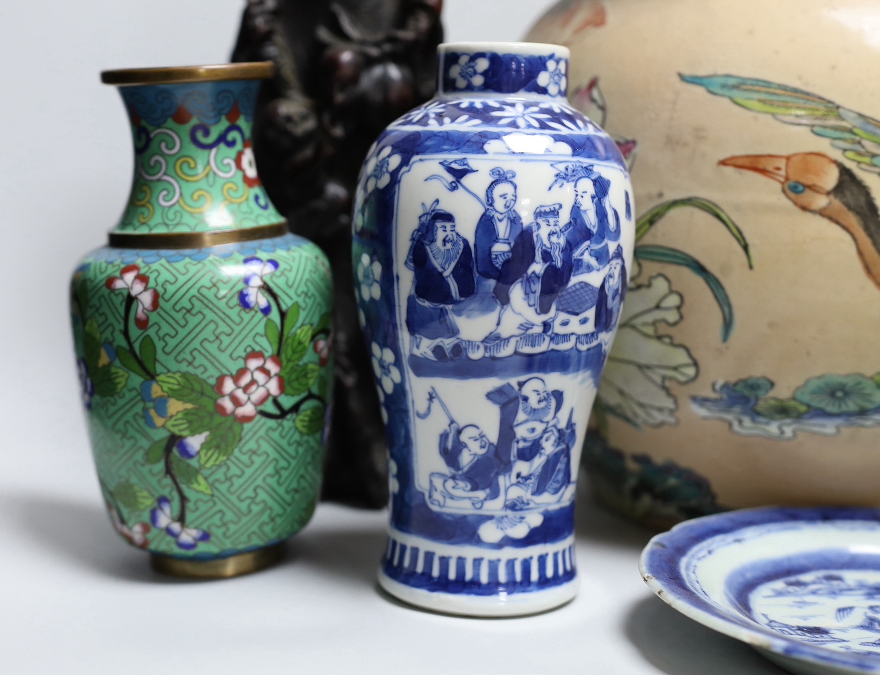 A Chinese blue and white gu vase, a baluster vase, a dish etc.